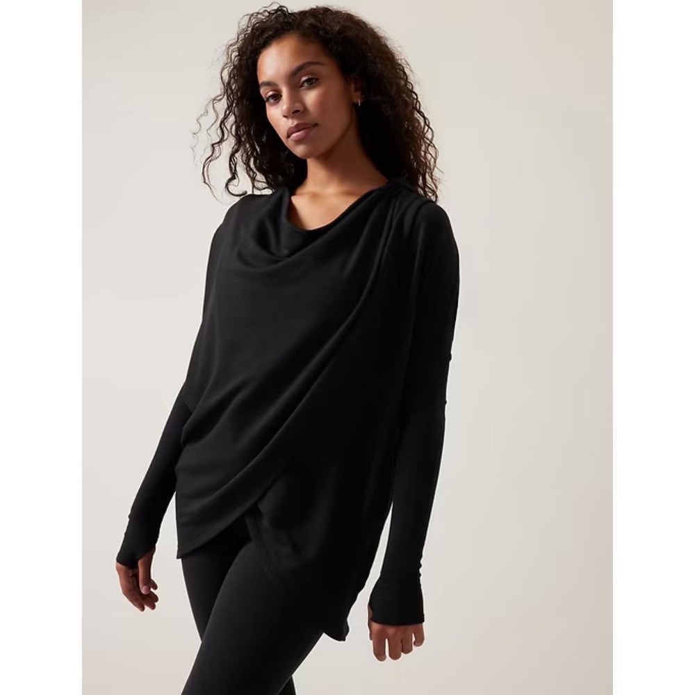 Athleta Purana Small Draped Black Hooded Cross front Sweatshirt with Thumb Holes